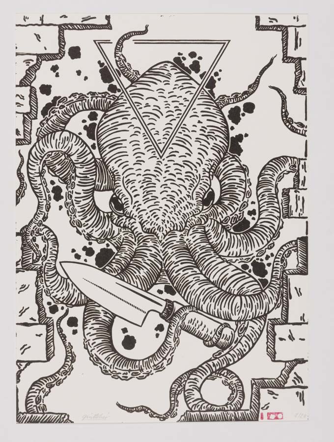 poster gravure linocut pieuvre oktopus